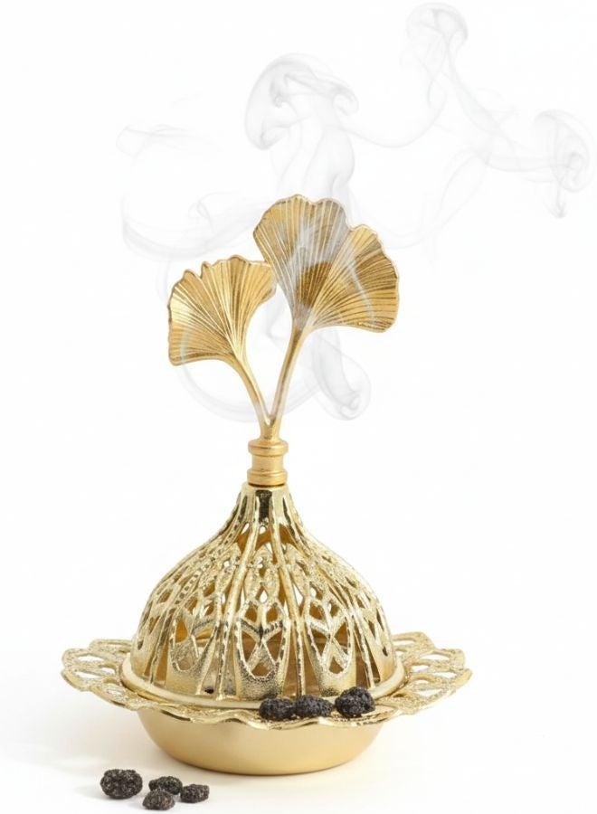 مبخرة بخور ذهبية بتصميم عربي فاخر – مبخرة معدنية مزخرفة من الحديد عالي الجودة مع غطاء قابل للإزالة – لتعطير الجو ونشر الروائح العطرية بالتساوي – قطعة ديكور فاخرة للمنازل والمناسبات – هدية مثالية للأصدقاء والعائلة - Image 1